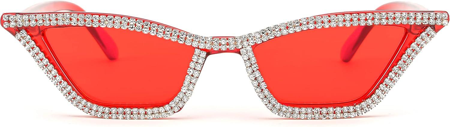 image:imageFEISEDY Small Cat Eye Sunglasses for Women Vintage Square Sparkling Crystal Trendy Retro Cateye Sunglasses B2317002 Red Red Lens