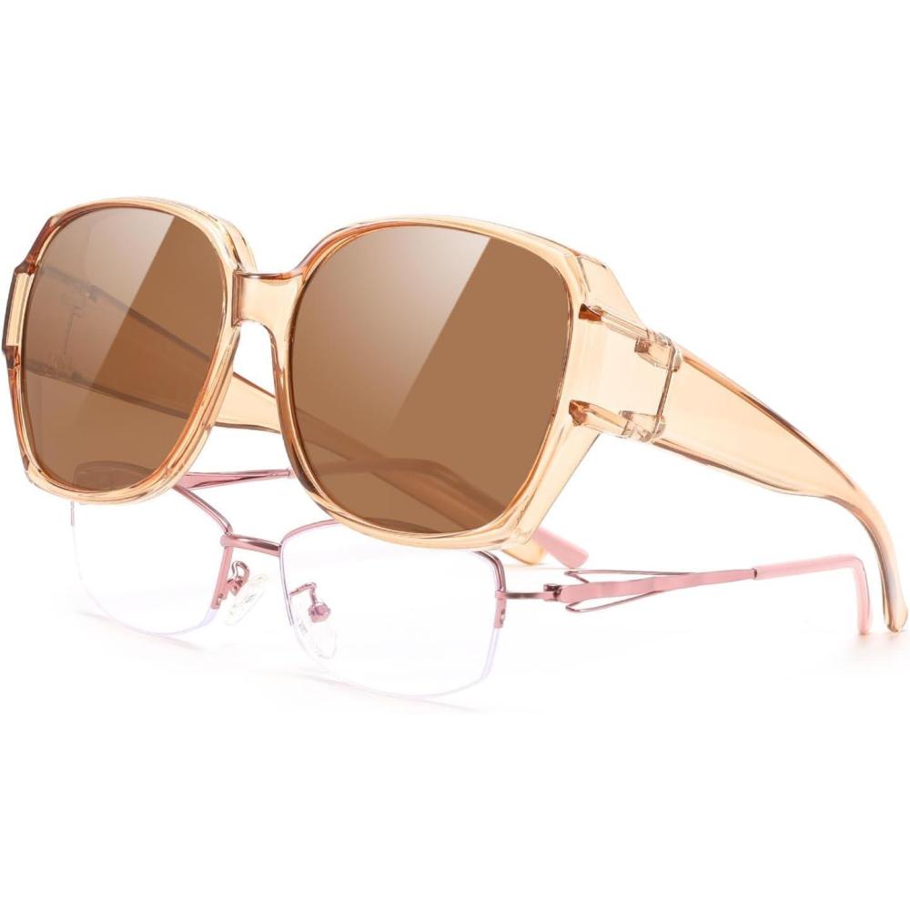 image:imageFEISEDY Fit Over Glasses Sunglasses Polarized for Women Sunglasses Over Prescription Glasses Oversized UV Protection B1114Transparent Tea Frame  Tea Lens