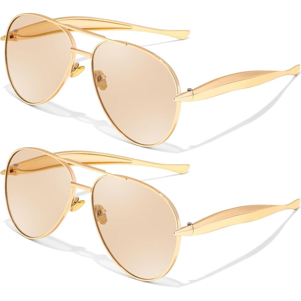 image:imageFEISEDY Oversized Aviator Sunglasses Women Men Retro Gold Metal Chunky Frame UV400 for Driving amp Daily Wear B03112packgoldChampagnegoldChampagne