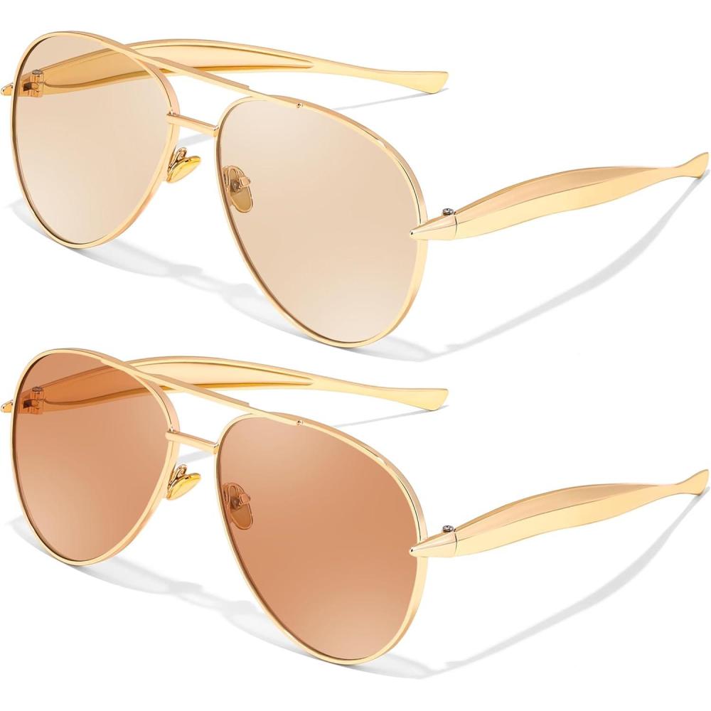 image:imageFEISEDY Oversized Aviator Sunglasses Women Men Retro Gold Metal Chunky Frame UV400 for Driving amp Daily Wear B03112packgoldChampagnegoldTea