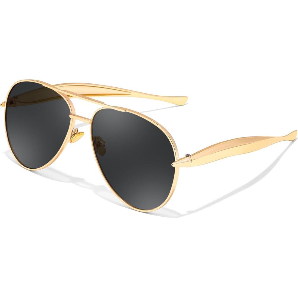 image:imageFEISEDY Oversized Aviator Sunglasses Women Men Retro Gold Metal Chunky Frame UV400 for Driving amp Daily Wear B0311GoldGrey