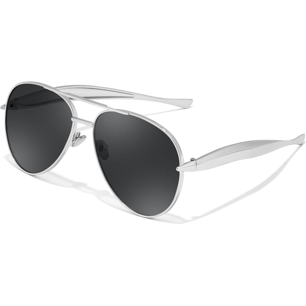 image:imageFEISEDY Oversized Aviator Sunglasses Women Men Retro Gold Metal Chunky Frame UV400 for Driving amp Daily Wear B0311SilverGrey