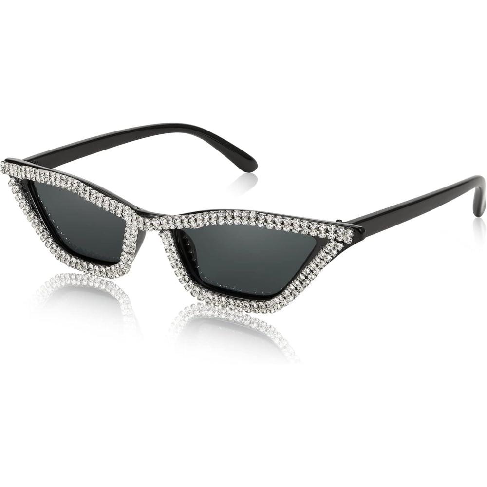 image:imageFEISEDY Small Cat Eye Sunglasses for Women Vintage Square Sparkling Crystal Trendy Retro Cateye Sunglasses B2317001 Black Grey Lens