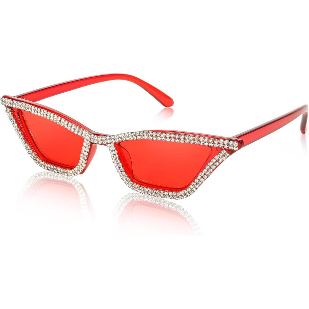 image:imageFEISEDY Small Cat Eye Sunglasses for Women Vintage Square Sparkling Crystal Trendy Retro Cateye Sunglasses B2317002 Red  Red Lens