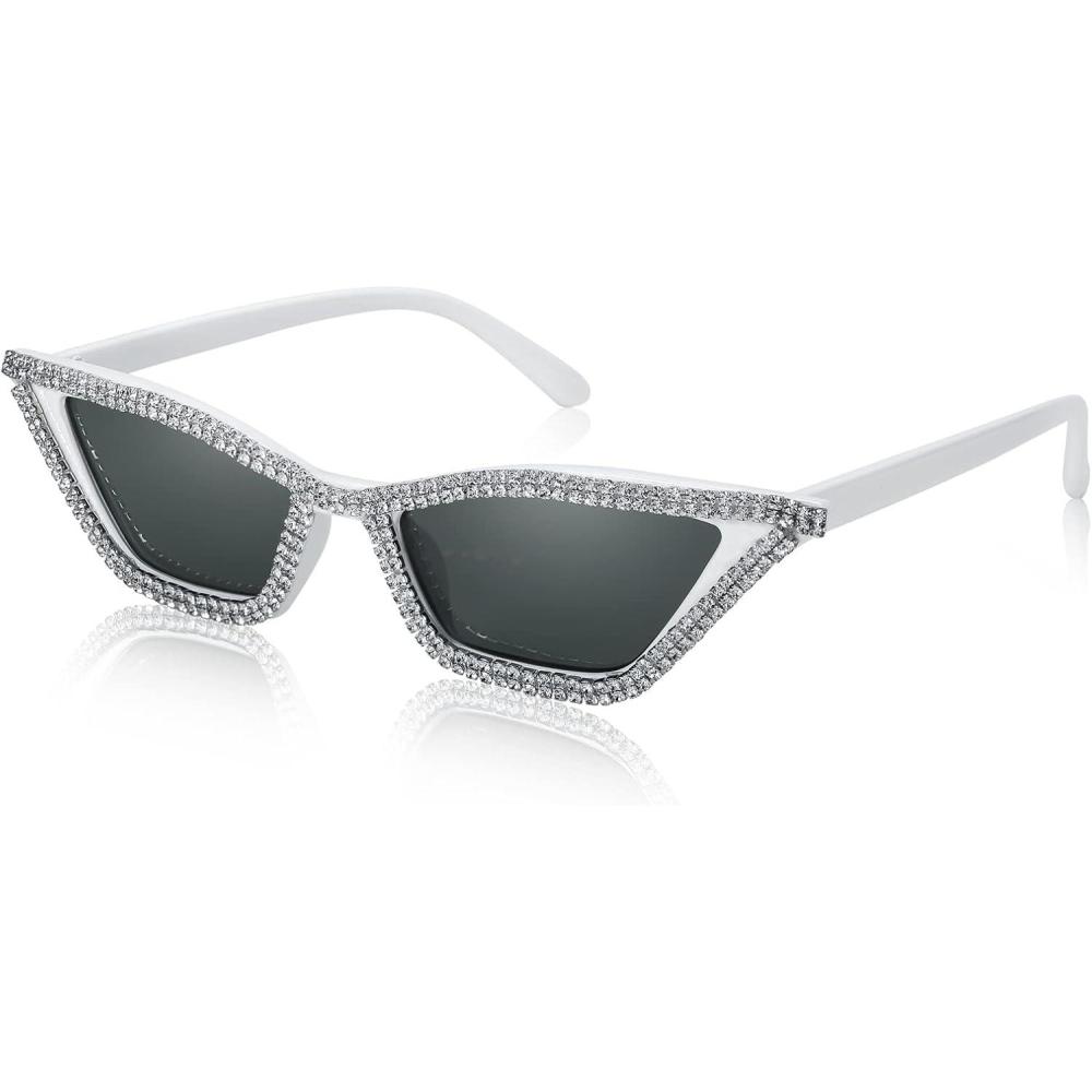 image:imageFEISEDY Small Cat Eye Sunglasses for Women Vintage Square Sparkling Crystal Trendy Retro Cateye Sunglasses B2317004 White Grey Lens