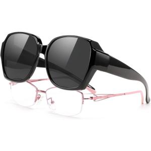 FEISEDY Fit Over Glasses Sunglasses Polarized for Women Sunglasses Over Prescription Glasses Oversized UV Protection B1114(Black Frame & Black Lens)