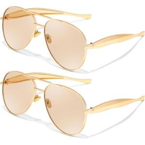 FEISEDY Oversized Aviator Sunglasses Women Men – Retro Gold Metal Chunky Frame, UV400 for Driving & Daily Wear B0311(2pack(gold/Champagne+gold/Champagne))