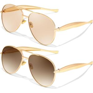 FEISEDY Oversized Aviator Sunglasses Women Men – Retro Gold Metal Chunky Frame, UV400 for Driving & Daily Wear B0311(2pack(gold/Champagne+gold/Gradual Tea))