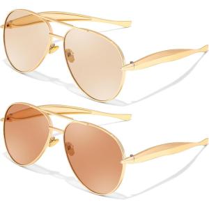 FEISEDY Oversized Aviator Sunglasses Women Men – Retro Gold Metal Chunky Frame, UV400 for Driving & Daily Wear B0311(2pack(gold/Champagne+gold/Tea))