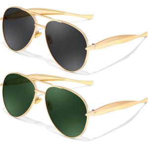 FEISEDY Oversized Aviator Sunglasses Women Men – Retro Gold Metal Chunky Frame, UV400 for Driving & Daily Wear B0311(2pack(gold/Grey+gold/Green))
