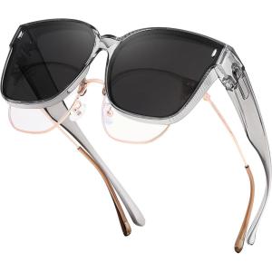 FEISEDY Polarized Sunglasses Fit Over Glasses for Men Women, Oversized Square Sun Glasses UV400 Protection Shades B4187(Transparent Gray/Gray)