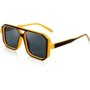 FEISEDY Retro Sunglasses for Women Men Trendy Aviator Sunglasses Classic Square Frame Shades B2939(001 Black Yellow Frame/Grey Lens)