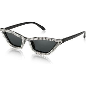 FEISEDY Small Cat Eye Sunglasses for Women Vintage Square Sparkling Crystal Trendy Retro Cateye Sunglasses B2317(001 Black / Grey Lens)