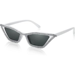 FEISEDY Small Cat Eye Sunglasses for Women Vintage Square Sparkling Crystal Trendy Retro Cateye Sunglasses B2317(004 White / Grey Lens)