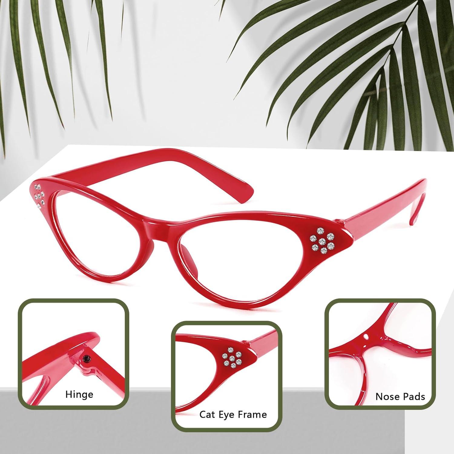 image:imageFEISEDY Cat Eye Costume Glasses with Rhinestones Women amp Kids 50s 60s Classic Party Cateye Sunglasses B2848002 Red Frame