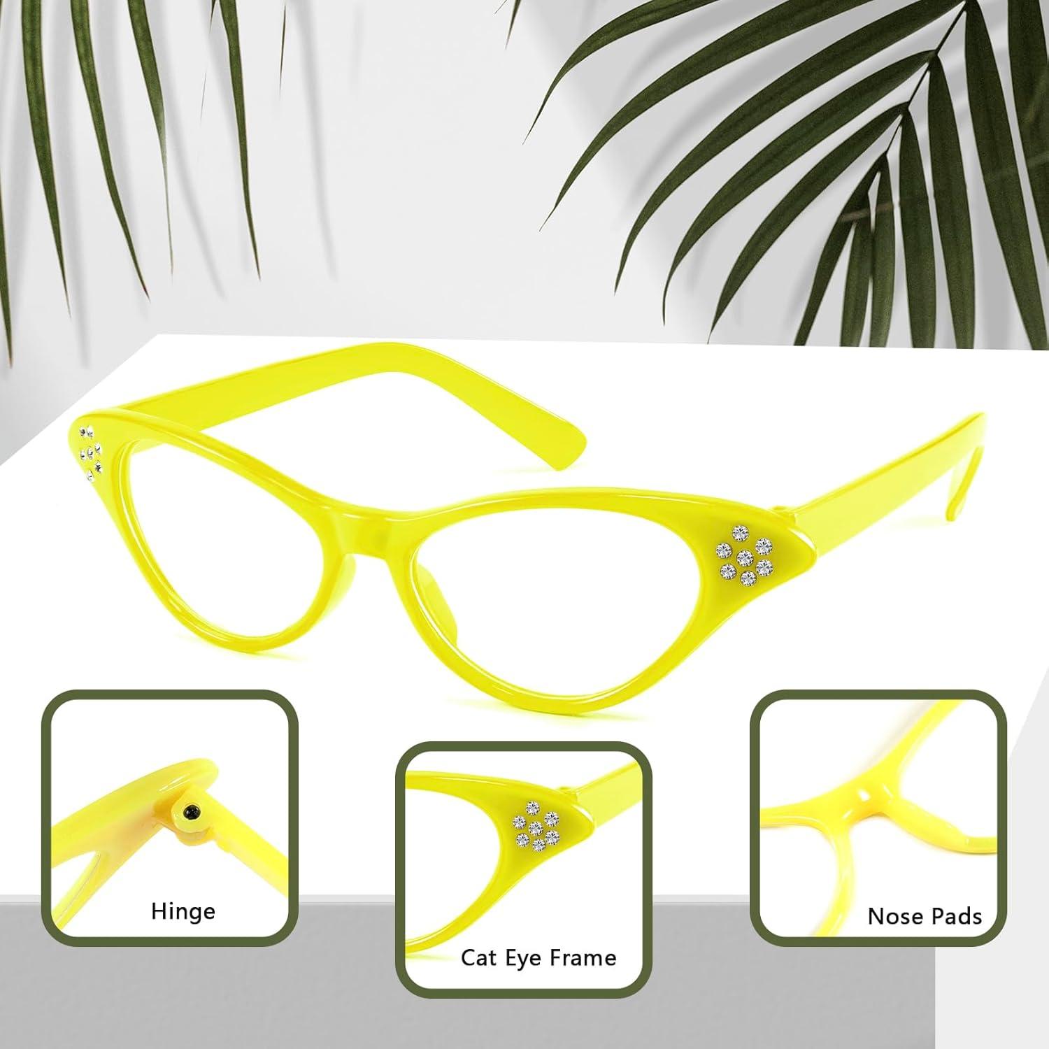 image:imageFEISEDY Cat Eye Costume Glasses with Rhinestones Women amp Kids 50s 60s Classic Party Cateye Sunglasses B2848004 Yellow Frame