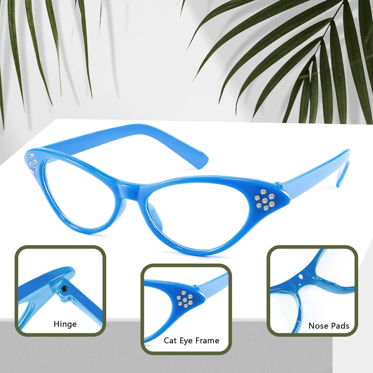 image:imageFEISEDY Cat Eye Costume Glasses with Rhinestones Women amp Kids 50s 60s Classic Party Cateye Sunglasses B2848006 Blue Frame