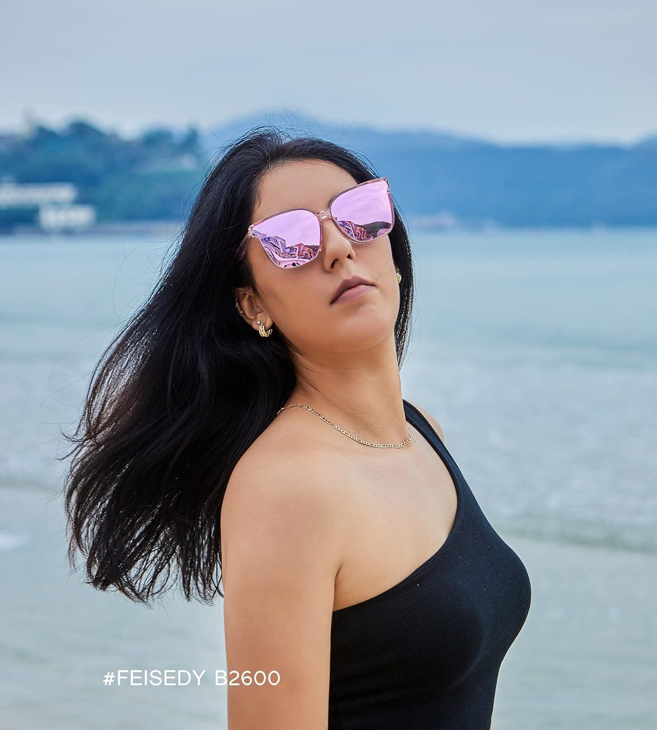 image:imageFEISEDY Oversized Polarized Sunglasses UV400 Protection Square Fashion Sun Glasses for Outdoor amp Daily B2600Clear Pink Frame Mirrored Pink Lenses