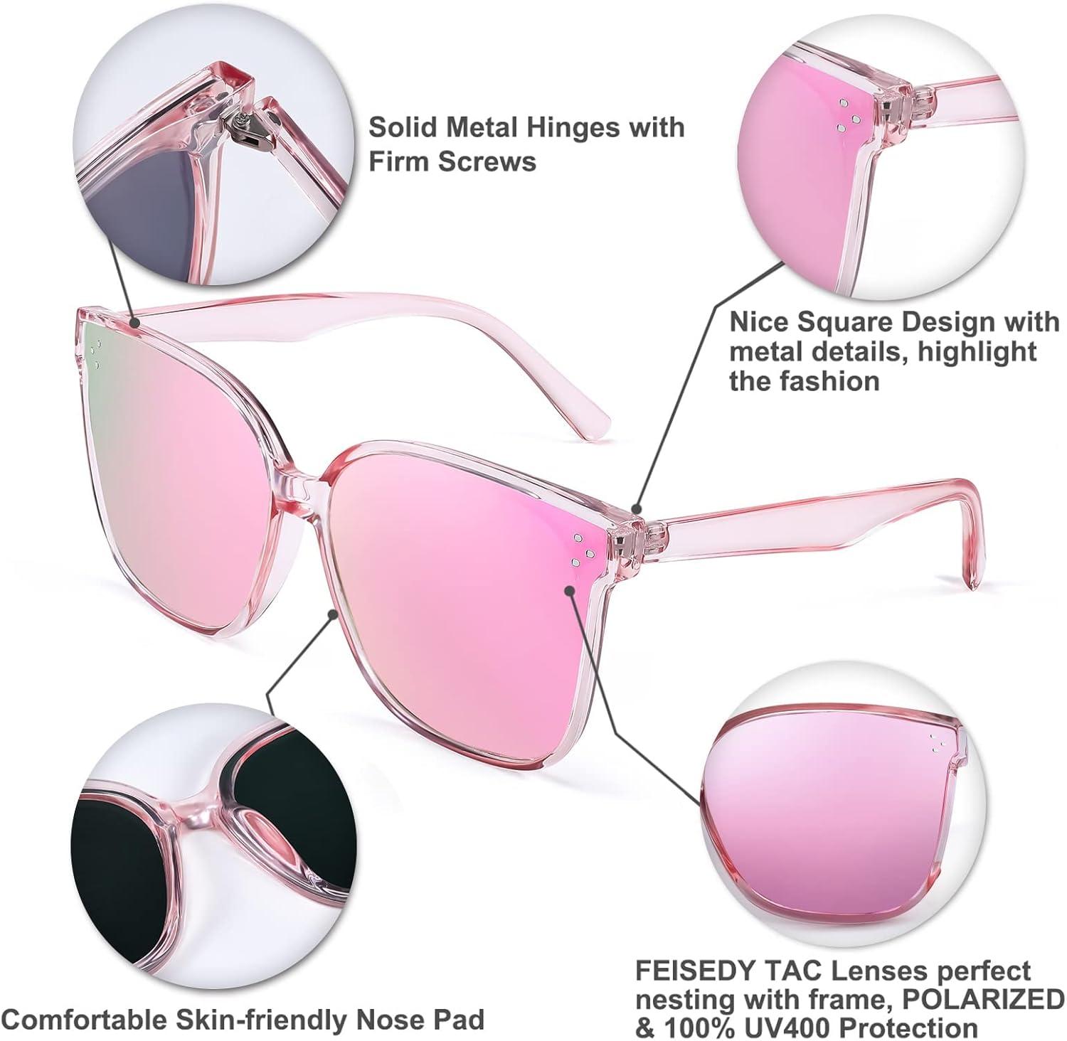 image:imageFEISEDY Oversized Polarized Sunglasses UV400 Protection Square Fashion Sun Glasses for Outdoor amp Daily B2600Clear Pink Frame Mirrored Pink Lenses