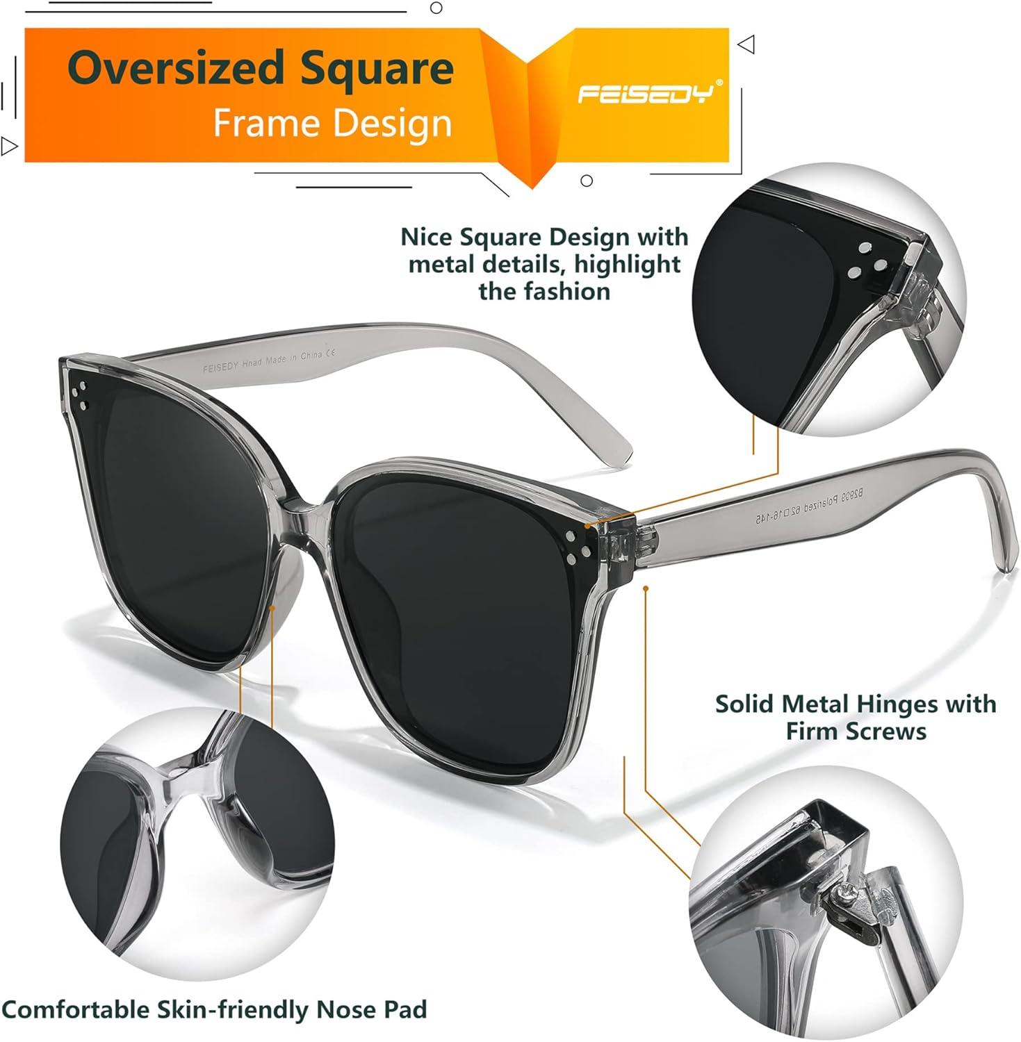 image:imageFEISEDY Oversized Polarized Sunglasses UV400 Protection Square Fashion Sun Glasses for Outdoor amp Daily B2600Gray Diamond