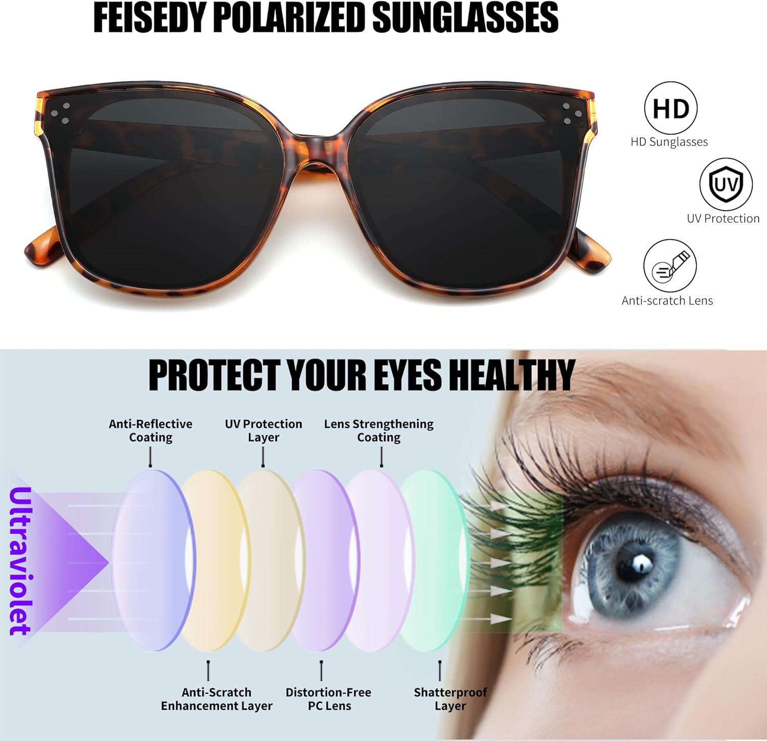 image:imageFEISEDY Oversized Polarized Sunglasses UV400 Protection Square Fashion Sun Glasses for Outdoor amp Daily B2600Leopard Frame Grey Lens
