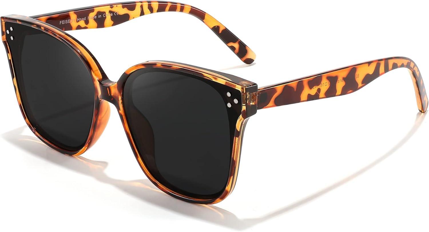 image:imageFEISEDY Oversized Polarized Sunglasses UV400 Protection Square Fashion Sun Glasses for Outdoor amp Daily B2600Leopard Frame Grey Lens