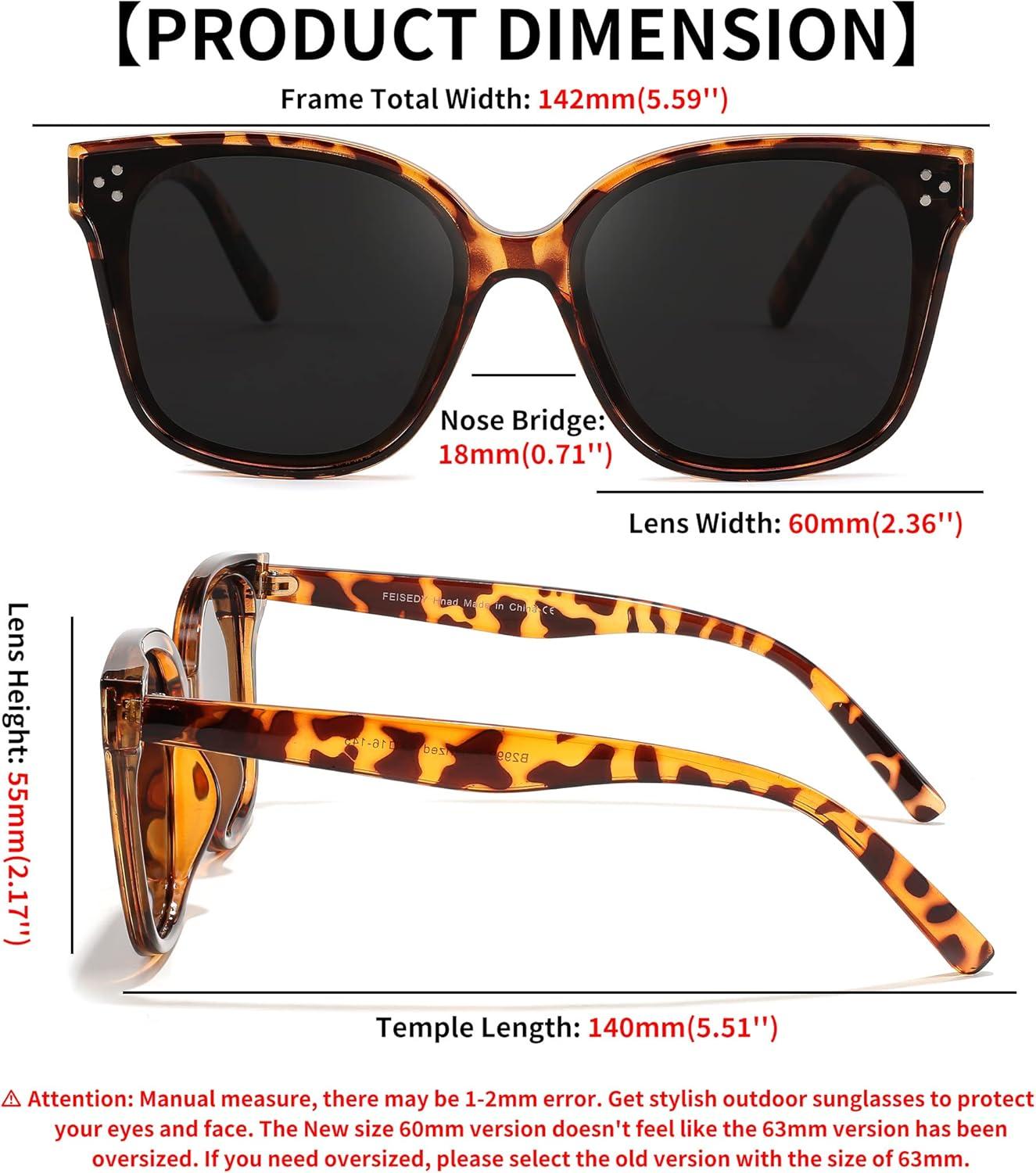 image:imageFEISEDY Oversized Polarized Sunglasses UV400 Protection Square Fashion Sun Glasses for Outdoor amp Daily B2600Leopard Frame Grey Lens