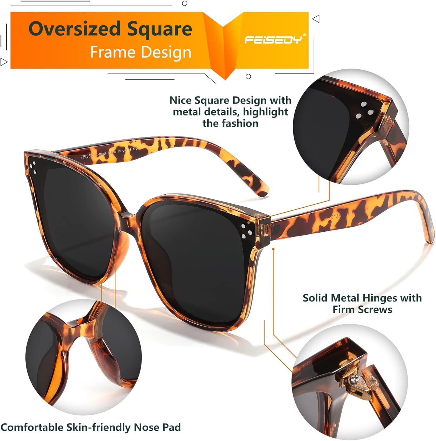 image:imageFEISEDY Oversized Polarized Sunglasses UV400 Protection Square Fashion Sun Glasses for Outdoor amp Daily B2600Leopard Frame Grey Lens