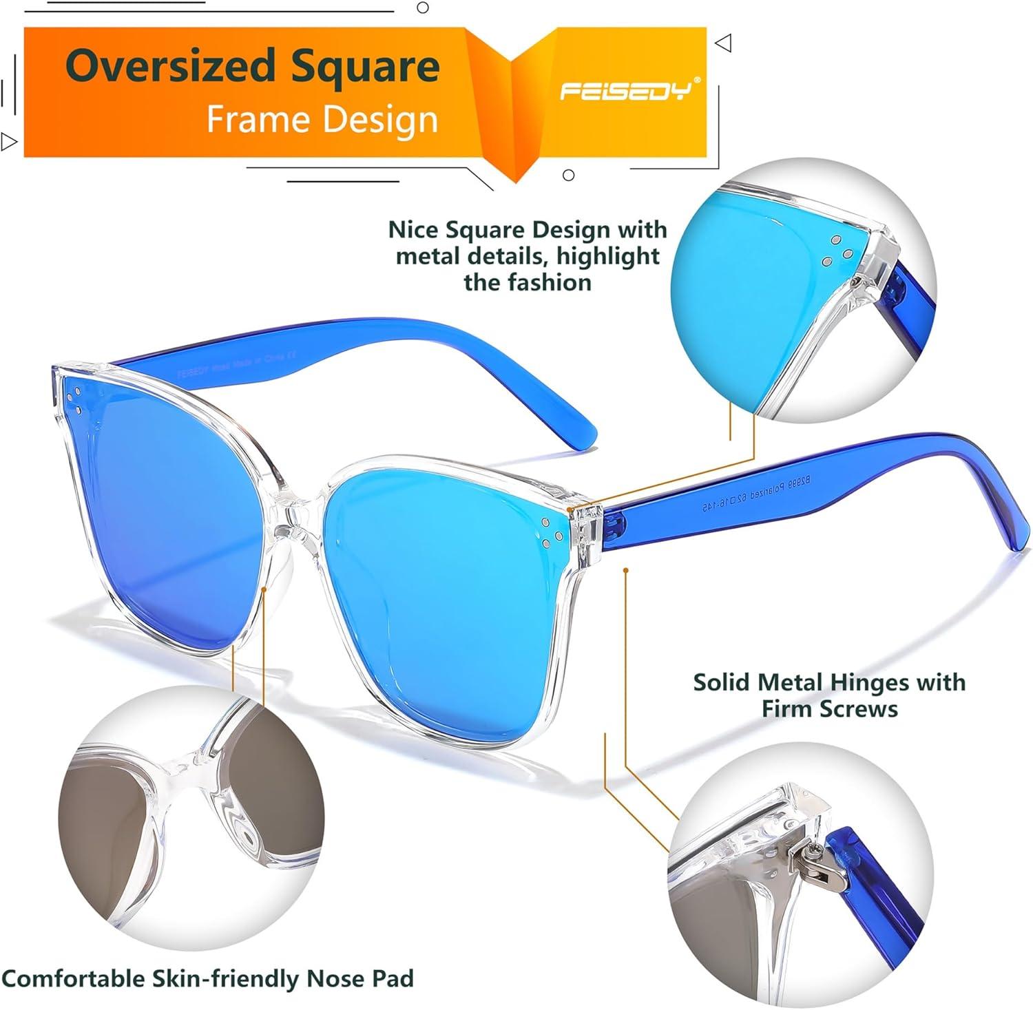 image:imageFEISEDY Oversized Polarized Sunglasses UV400 Protection Square Fashion Sun Glasses for Outdoor amp Daily B2600Transparentblue