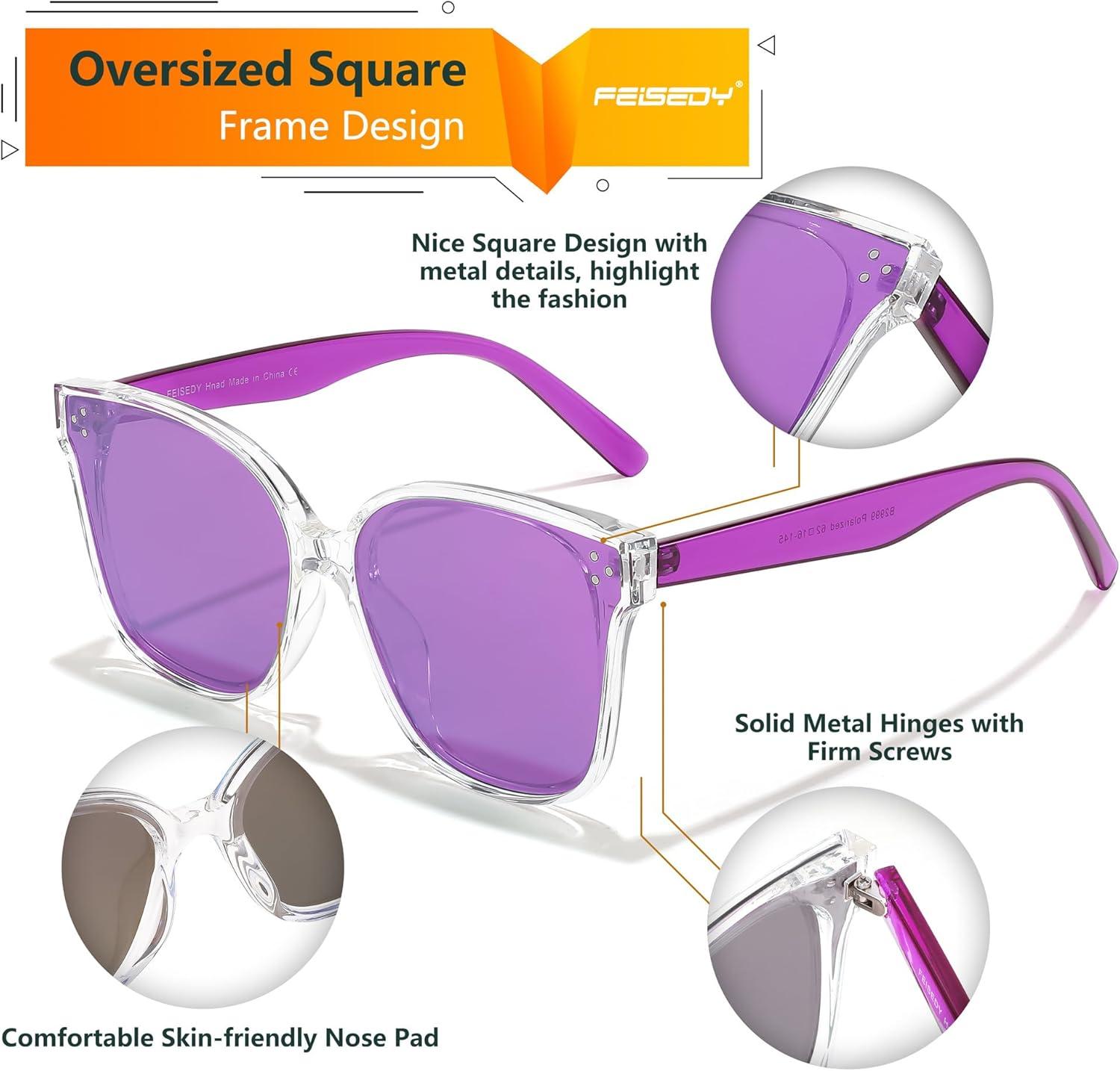 image:imageFEISEDY Oversized Polarized Sunglasses UV400 Protection Square Fashion Sun Glasses for Outdoor amp Daily B2600Transparentpurple