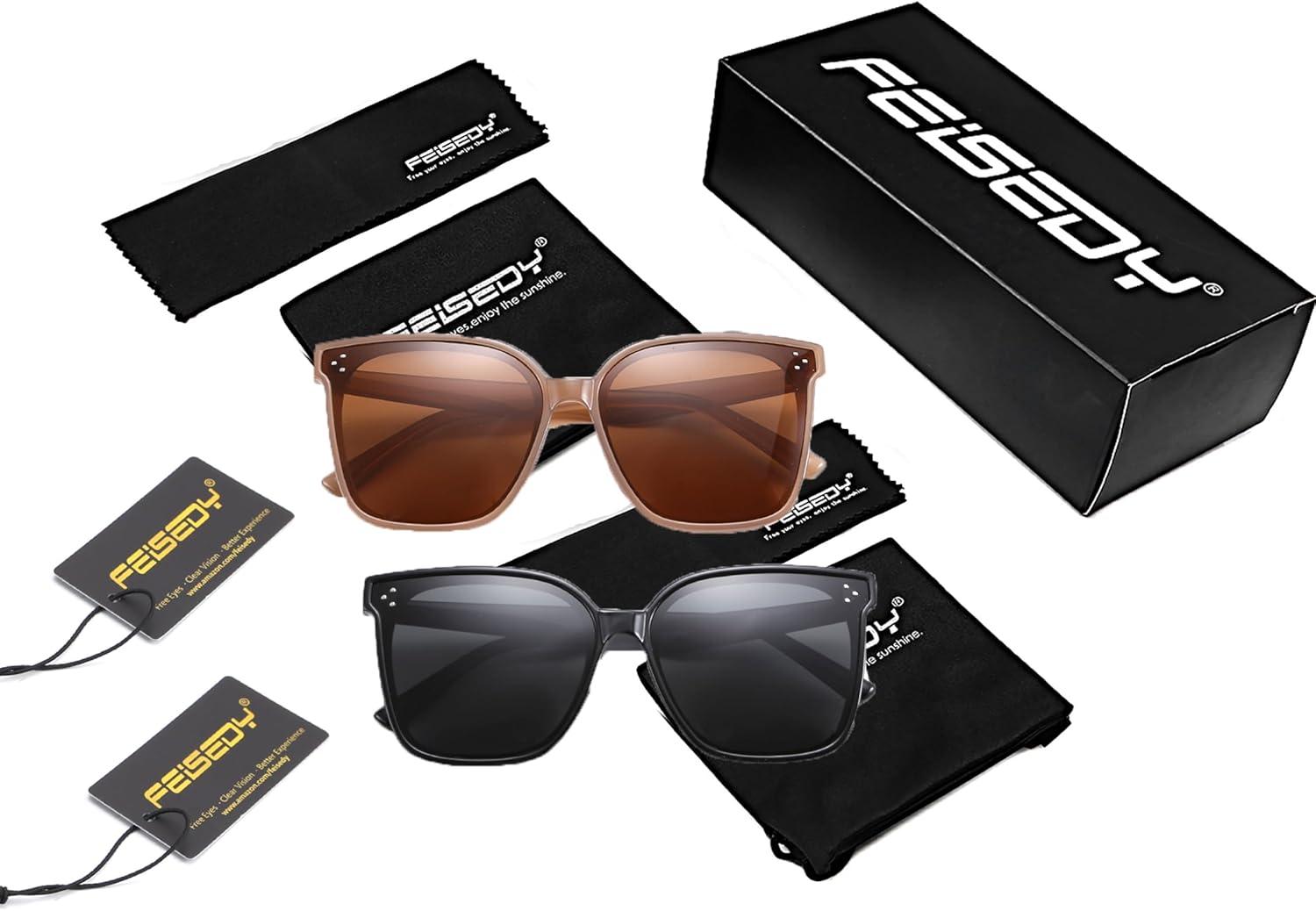image:imageFEISEDY Oversized Polarized Sunglasses UV400 Protection Square Fashion Sun Glasses for Outdoor amp Daily B2600Z2pack Obsidian Champagne Crystal