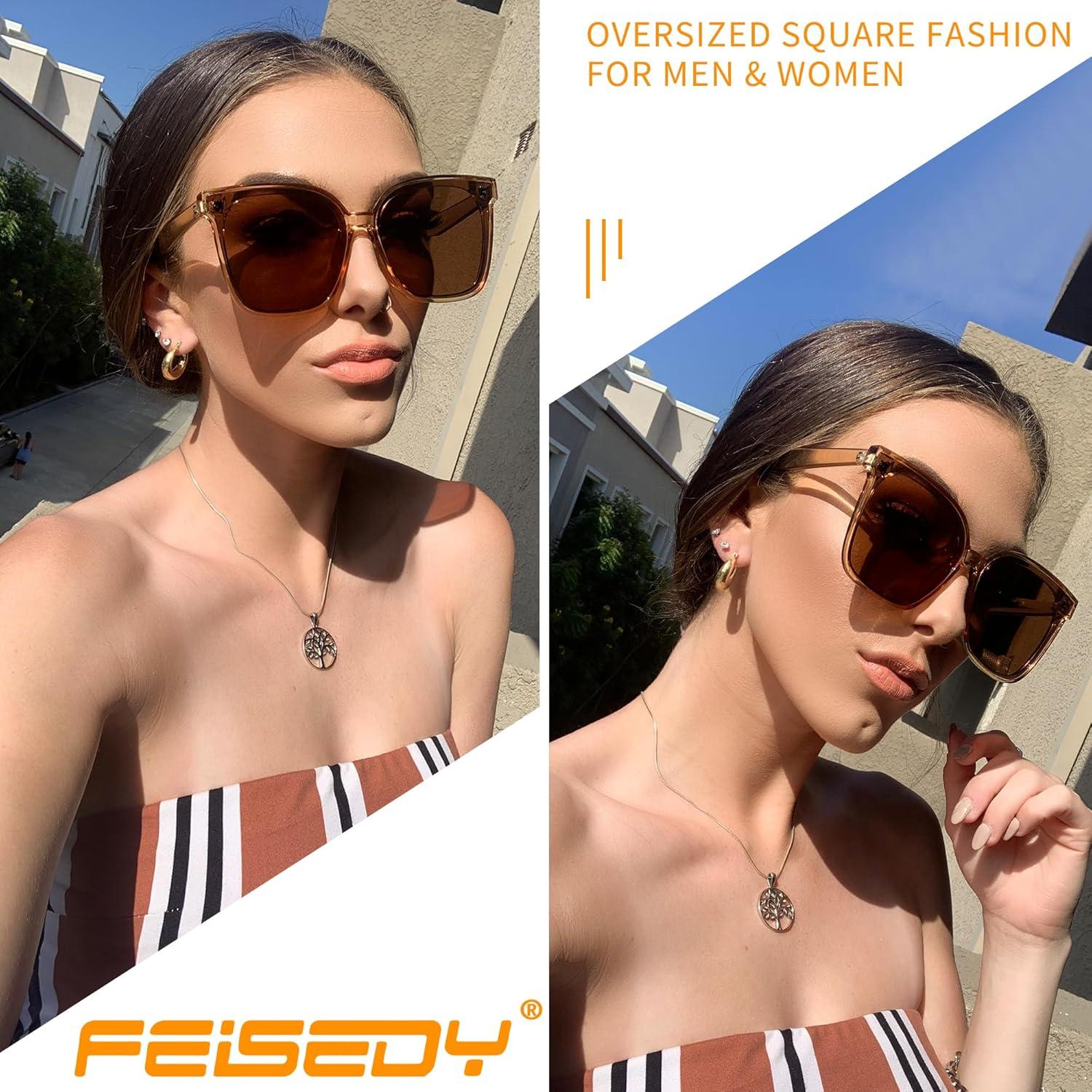 image:imageFEISEDY Oversized Polarized Sunglasses UV400 Protection Square Fashion Sun Glasses for Outdoor amp Daily B2600Z2pack Obsidian Champagne Crystal