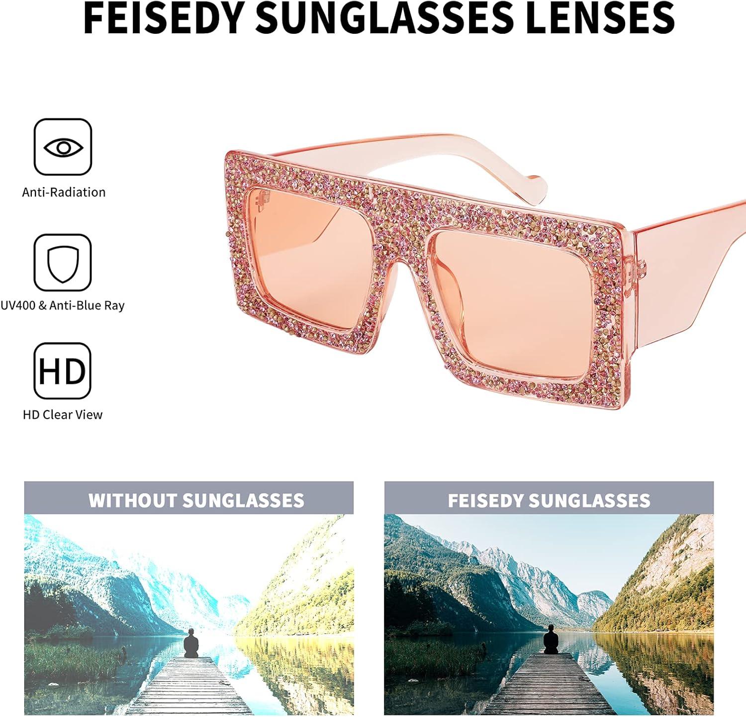 image:imageFEISEDY Square Thick Frame Sparkling Bling Rhinestone Crystal Sunglasses For Women B4038Champagne