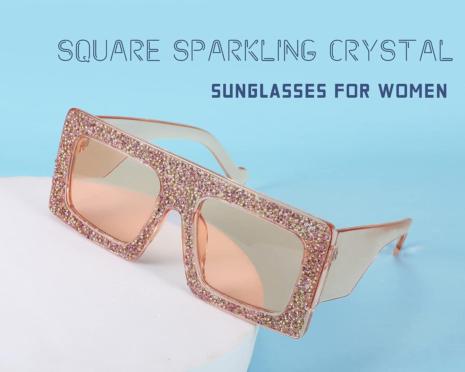 image:imageFEISEDY Square Thick Frame Sparkling Bling Rhinestone Crystal Sunglasses For Women B4038Champagne