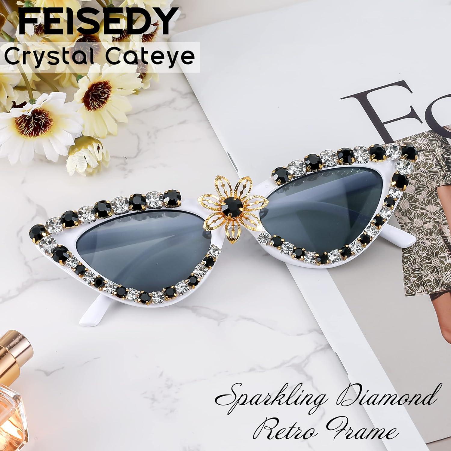 image:imageFEISEDY Women Sparkling Crystal Cat Eye Sunglasses Vintage Retro Cateye Rhinestone Disco Shades B2887006 White Whiteblack Crystal