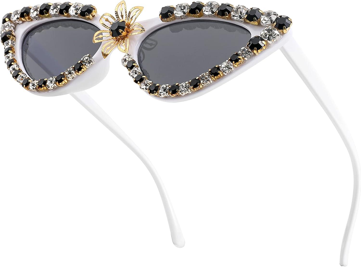 image:imageFEISEDY Women Sparkling Crystal Cat Eye Sunglasses Vintage Retro Cateye Rhinestone Disco Shades B2887006 White Whiteblack Crystal