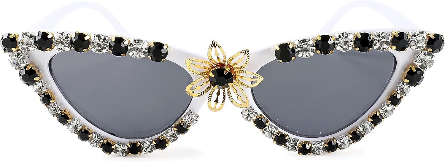 image:imageFEISEDY Women Sparkling Crystal Cat Eye Sunglasses Vintage Retro Cateye Rhinestone Disco Shades B2887006 White Whiteblack Crystal