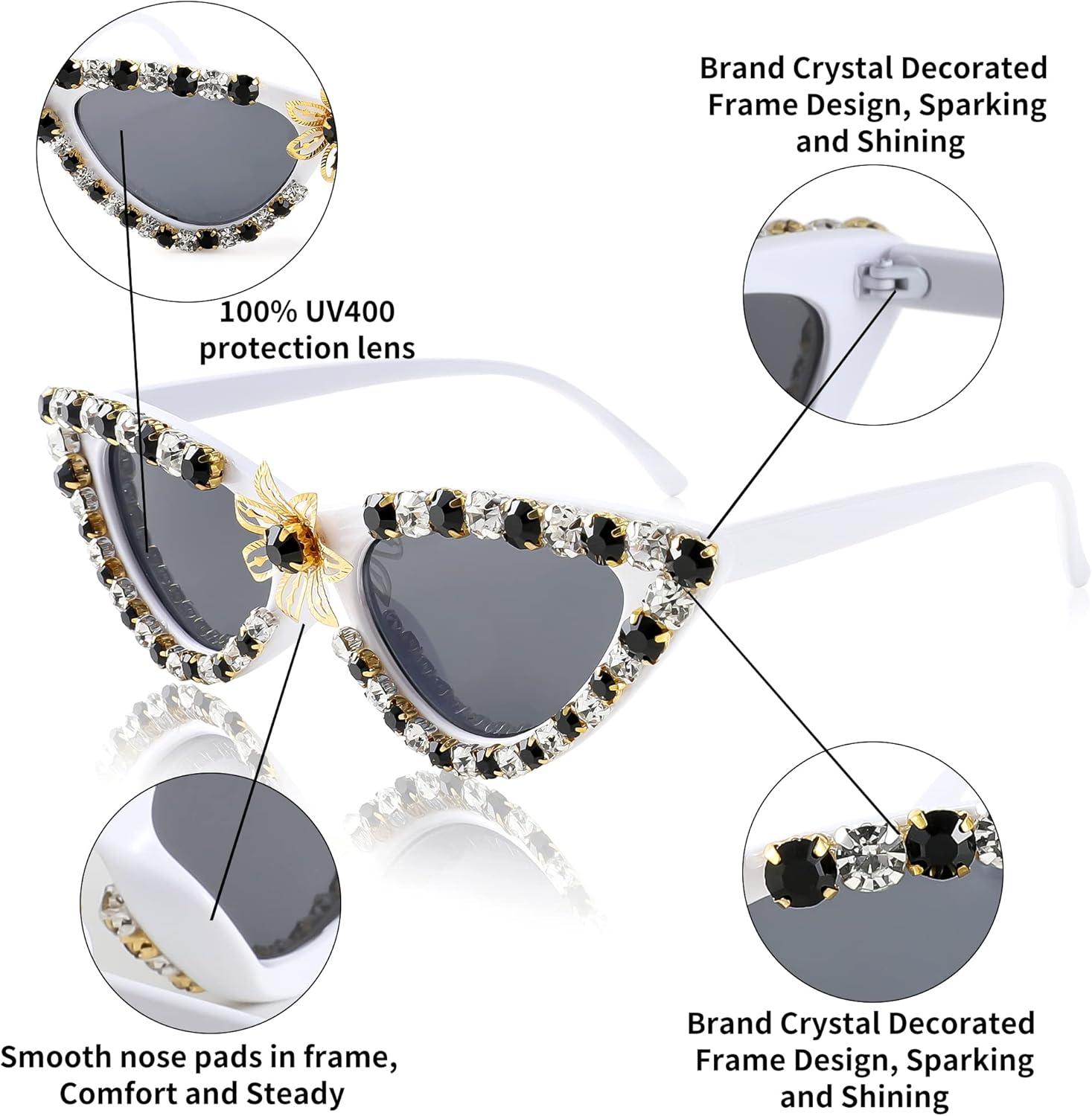 image:imageFEISEDY Women Sparkling Crystal Cat Eye Sunglasses Vintage Retro Cateye Rhinestone Disco Shades B2887006 White Whiteblack Crystal