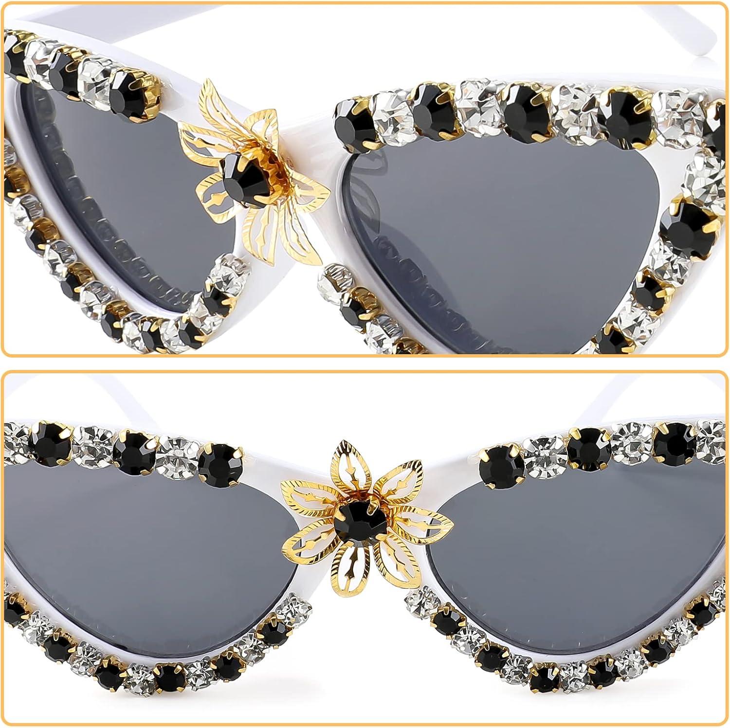image:imageFEISEDY Women Sparkling Crystal Cat Eye Sunglasses Vintage Retro Cateye Rhinestone Disco Shades B2887006 White Whiteblack Crystal