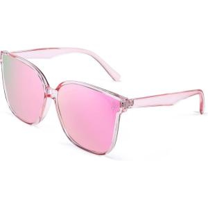 FEISEDY Oversized Polarized Sunglasses – UV400 Protection, Square Fashion Sun Glasses for Outdoor & Daily B2600(Clear Pink Frame Mirrored Pink Lenses)