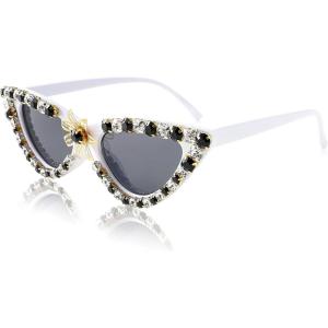 FEISEDY Women Sparkling Crystal Cat Eye Sunglasses Vintage Retro Cateye Rhinestone Disco Shades B2887(006 White | White&black Crystal)