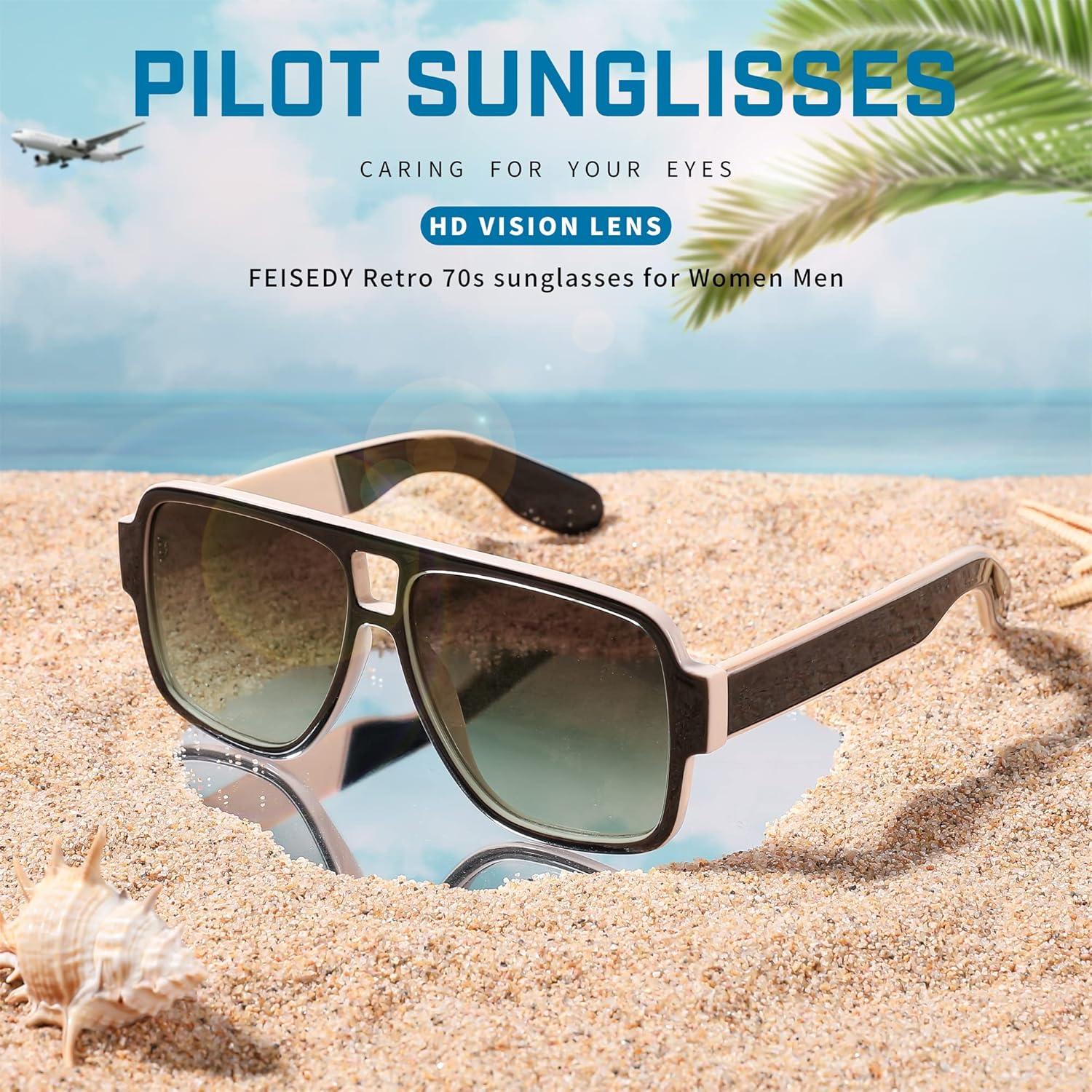 image:imageFEISEDY Retro 70s Oversized Pilot Sunglasses Women Men Plastic Vintage Square Frame B2954Black White
