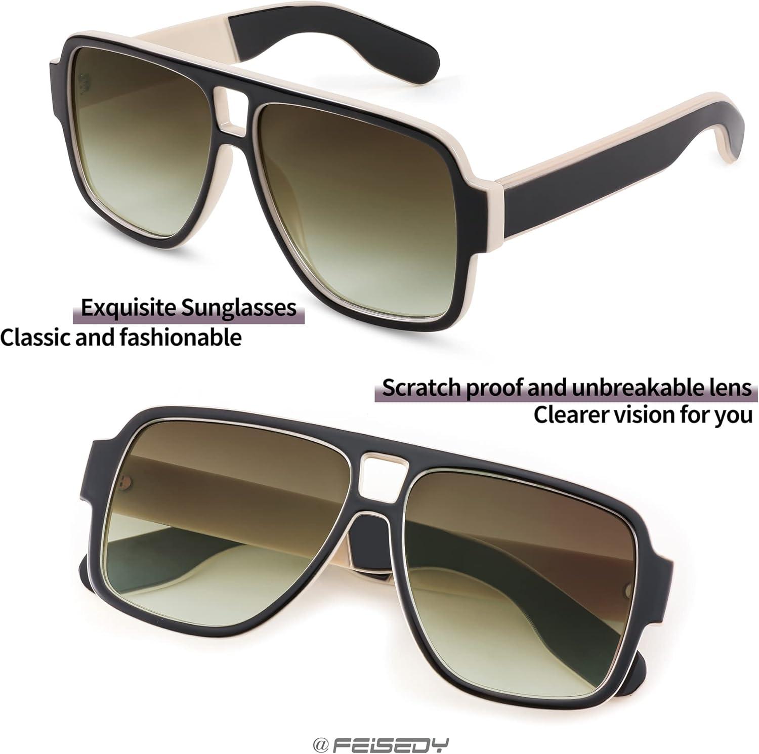 image:imageFEISEDY Retro 70s Oversized Pilot Sunglasses Women Men Plastic Vintage Square Frame B2954Black White