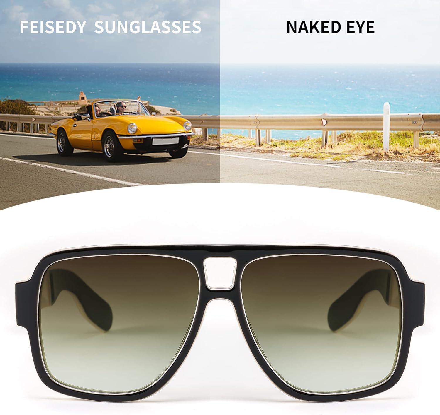 image:imageFEISEDY Retro 70s Oversized Pilot Sunglasses Women Men Plastic Vintage Square Frame B2954Black White