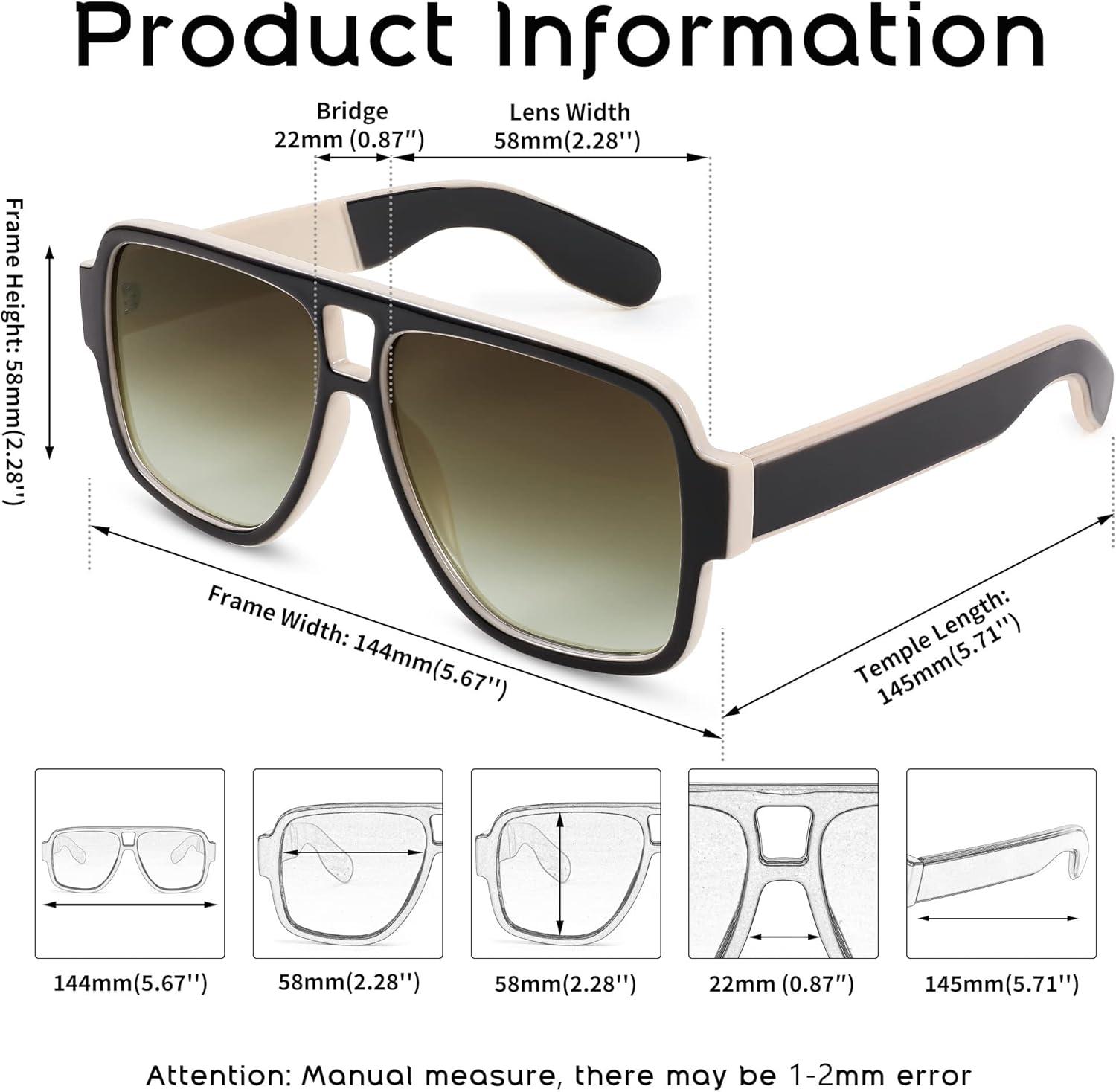 image:imageFEISEDY Retro 70s Oversized Pilot Sunglasses Women Men Plastic Vintage Square Frame B2954Black White