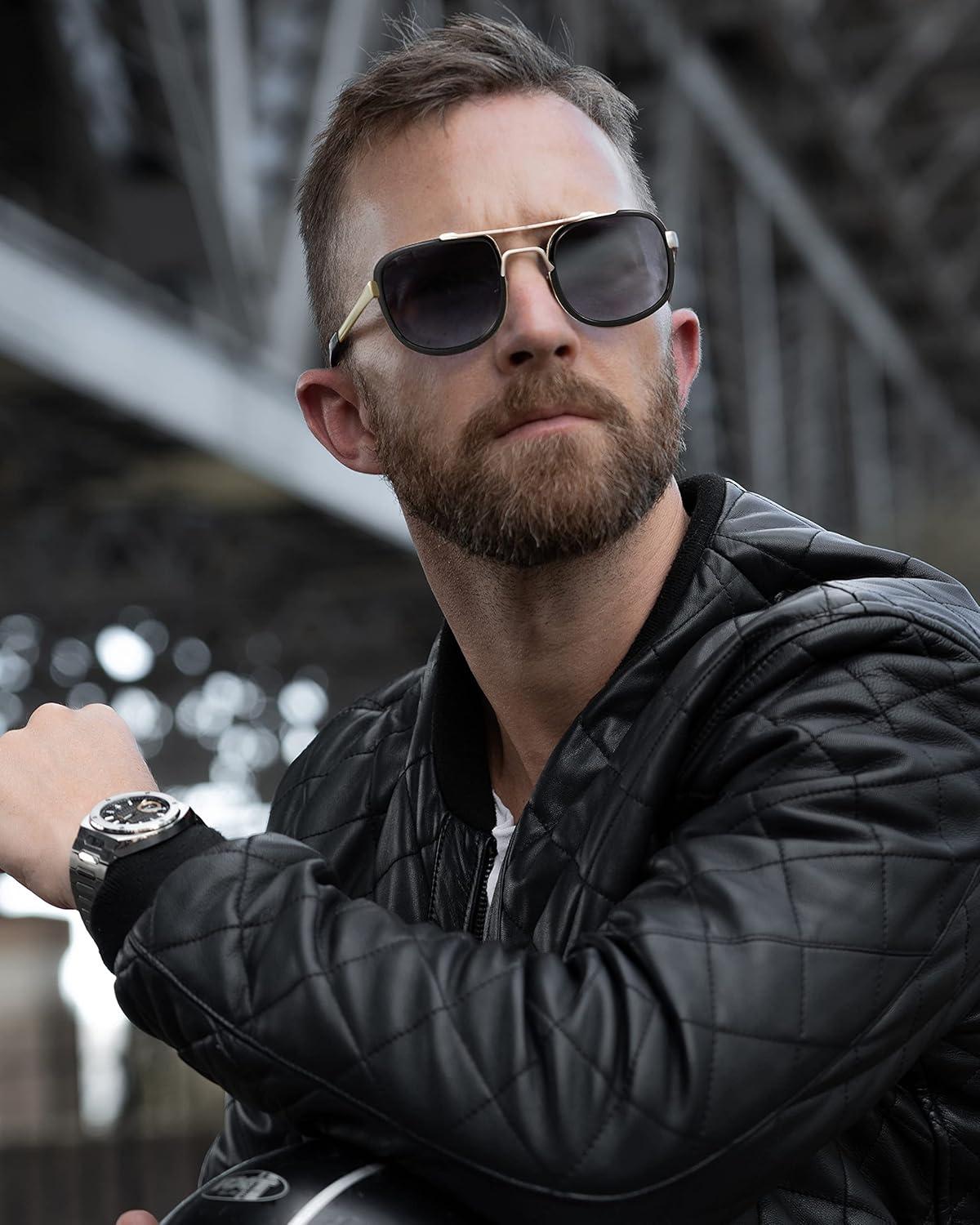image:imageFEISEDY Retro Trendy Aviator Sunglasses Women Men Classic Vintage Square Sunglasses 70s Large Metal Shades B2321001 Gold FrameGray Lens