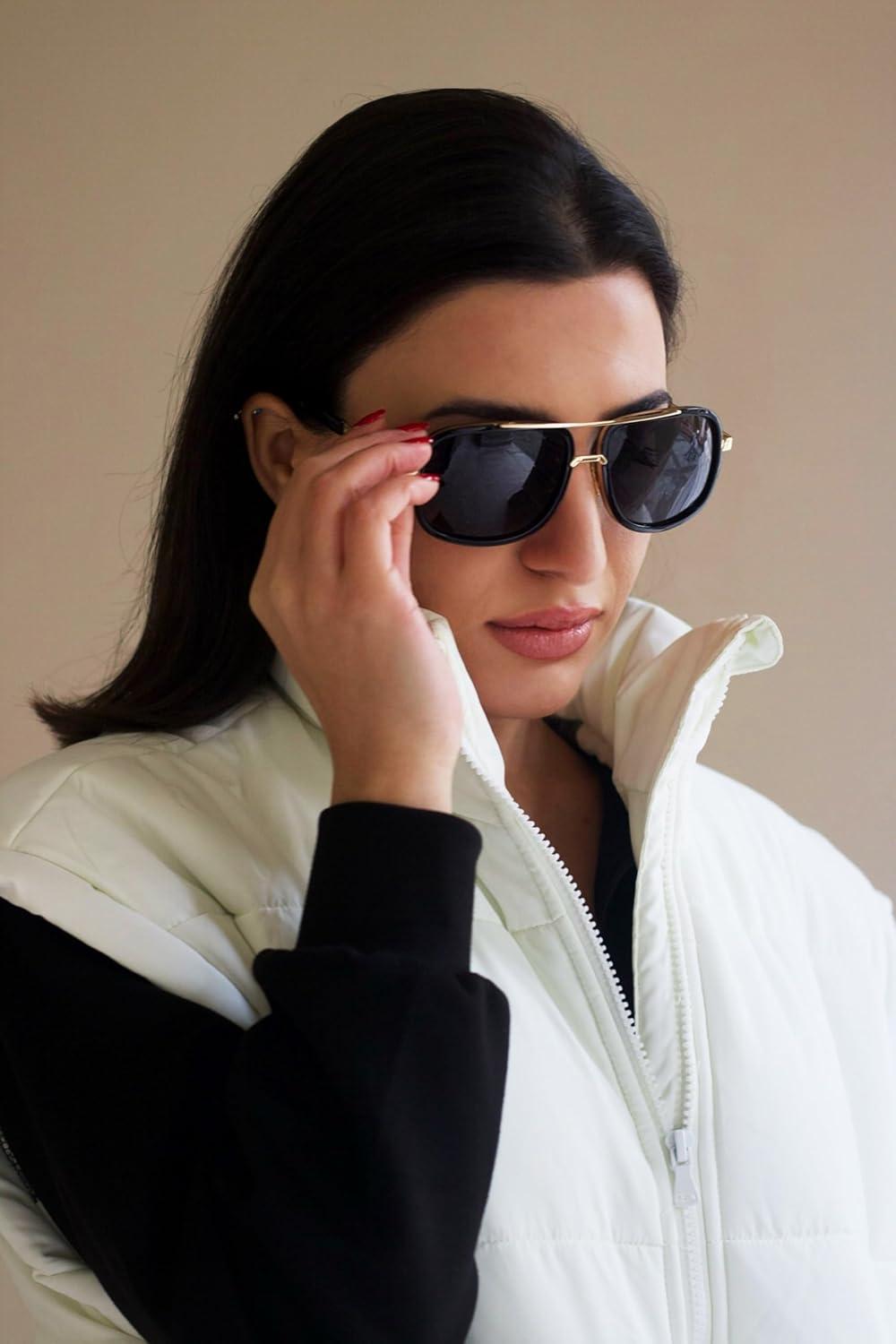 image:imageFEISEDY Retro Trendy Aviator Sunglasses Women Men Classic Vintage Square Sunglasses 70s Large Metal Shades B2321001 Gold FrameGray Lens