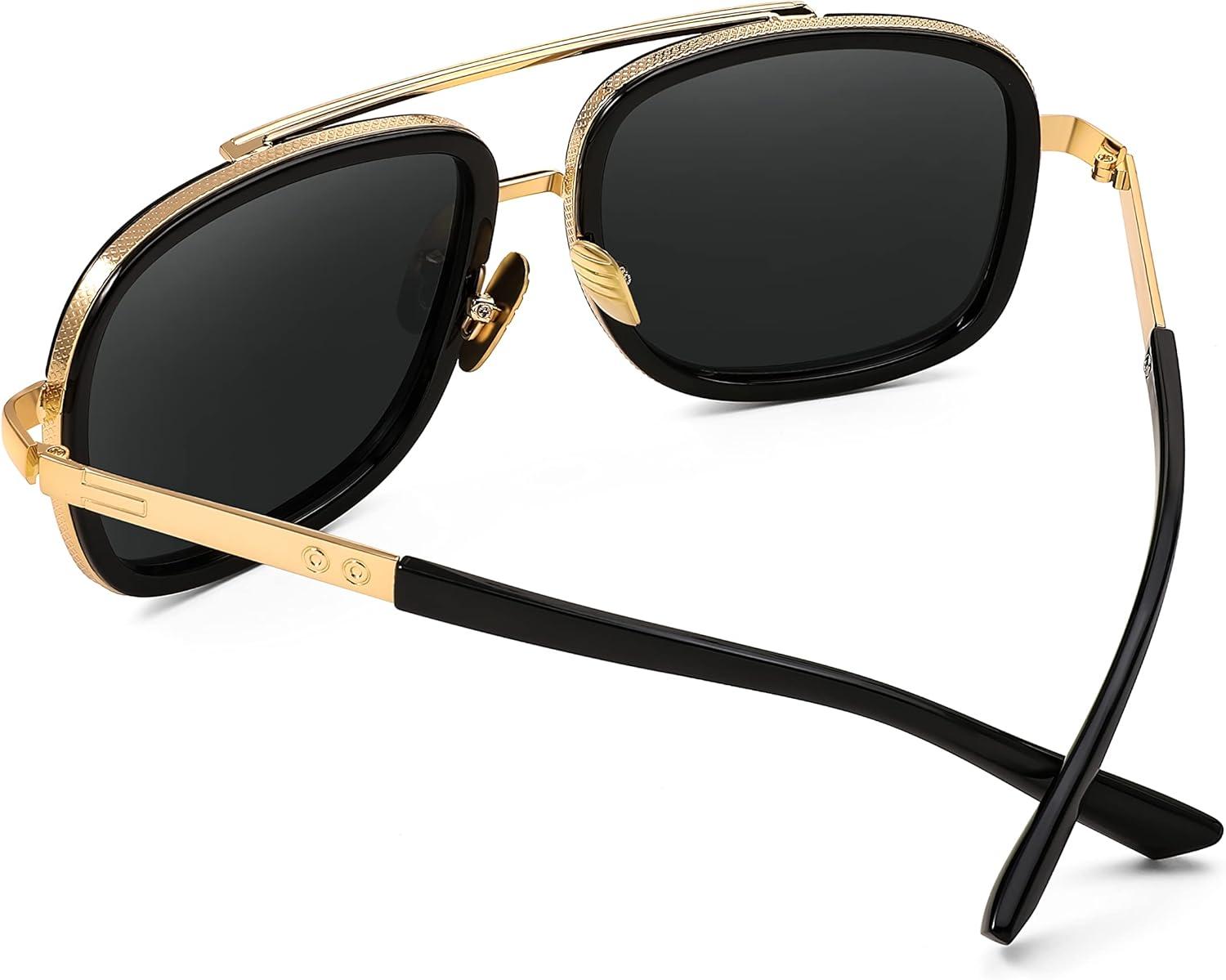 image:imageFEISEDY Retro Trendy Aviator Sunglasses Women Men Classic Vintage Square Sunglasses 70s Large Metal Shades B2321001 Gold FrameGray Lens
