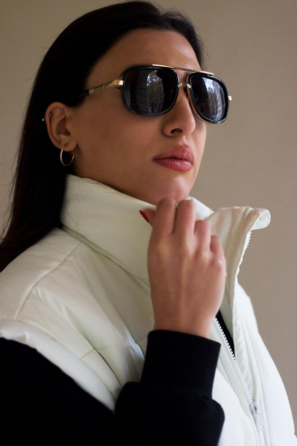 image:imageFEISEDY Retro Trendy Aviator Sunglasses Women Men Classic Vintage Square Sunglasses 70s Large Metal Shades B2321001 Gold FrameGray Lens