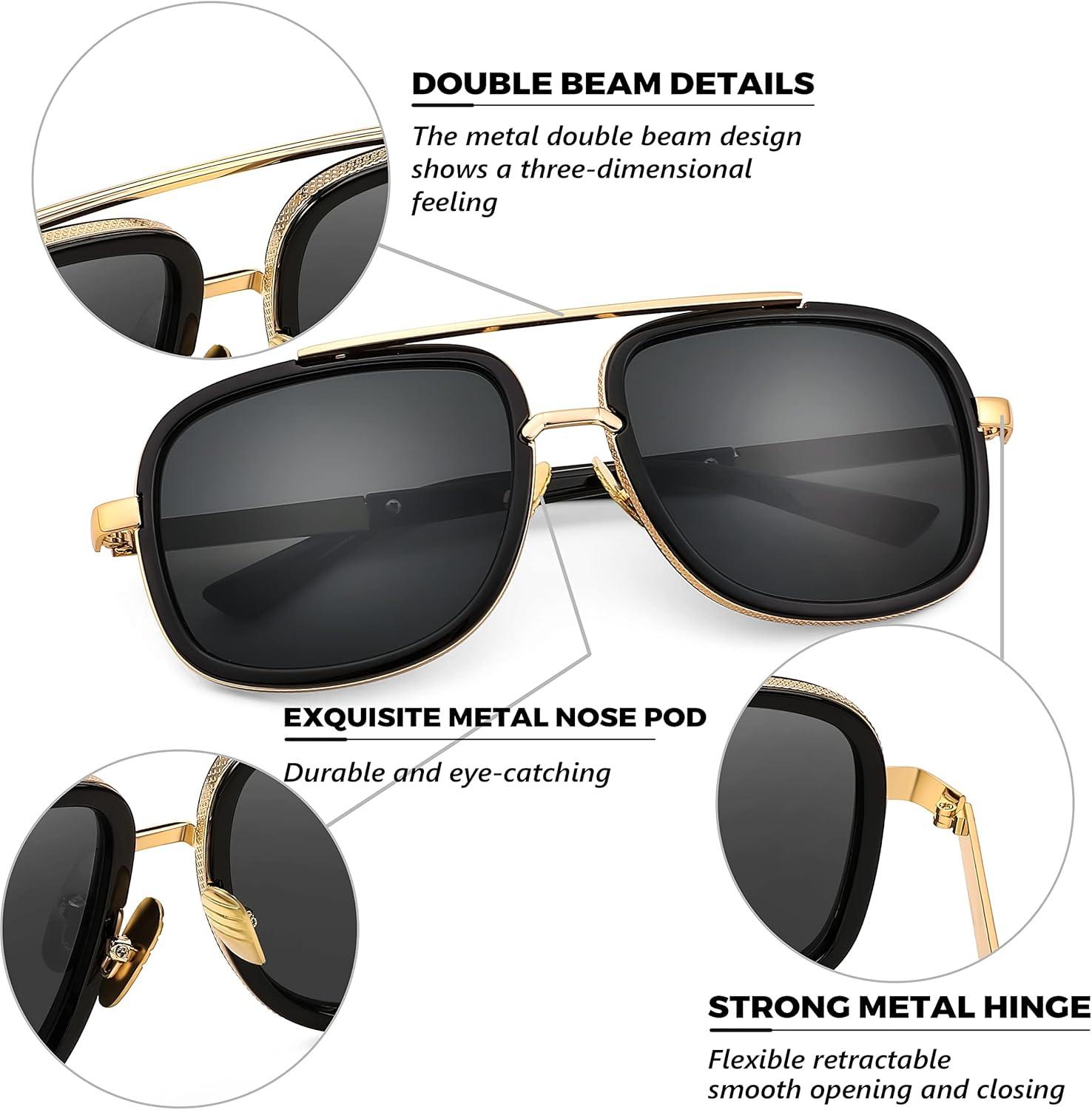 image:imageFEISEDY Retro Trendy Aviator Sunglasses Women Men Classic Vintage Square Sunglasses 70s Large Metal Shades B2321001 Gold FrameGray Lens